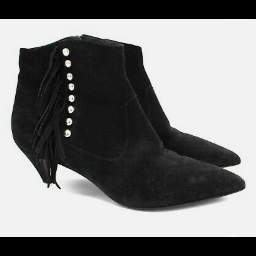 Saint Laurent Cat 50 Suede Ankle Bootie Studded Fringe Trim Kitten Heel 37.5 YSL